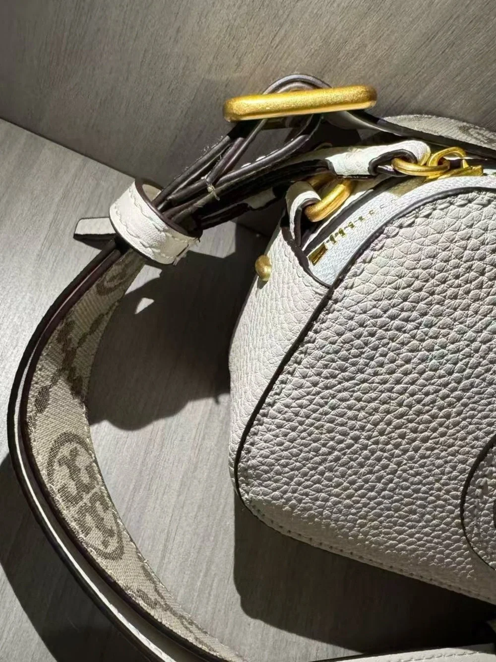 Tory Burch White Pebbled Leather Logo Crossbody with Printed Strap
